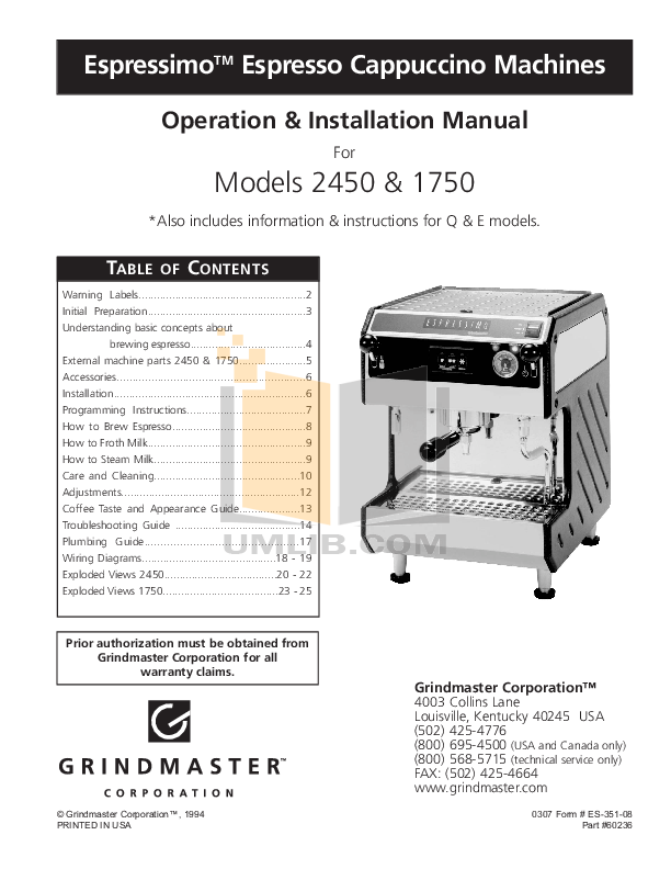 PDF manual for Grindmaster Coffee Maker 2450